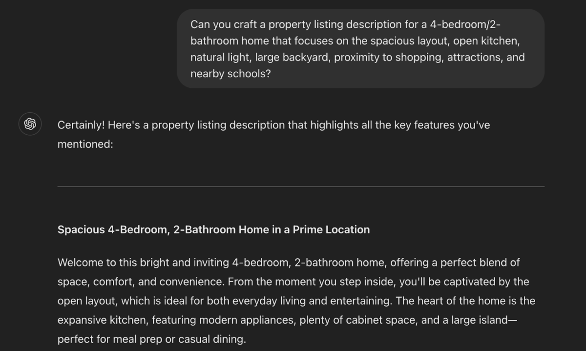 ChatGPT prompt and property description