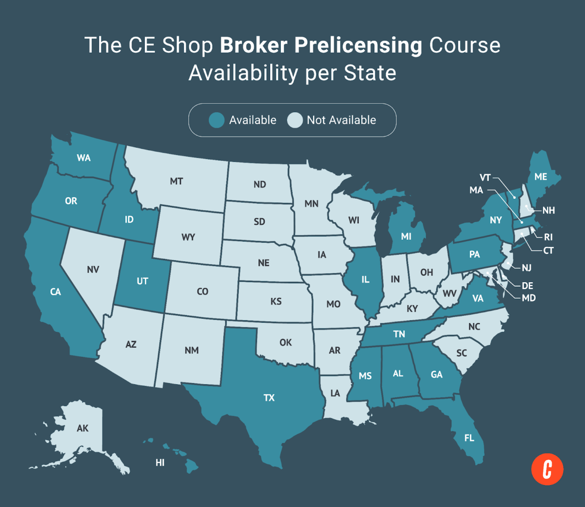 A U.S. map with states where The CE Shop's available broker prelicensing courses are shaded