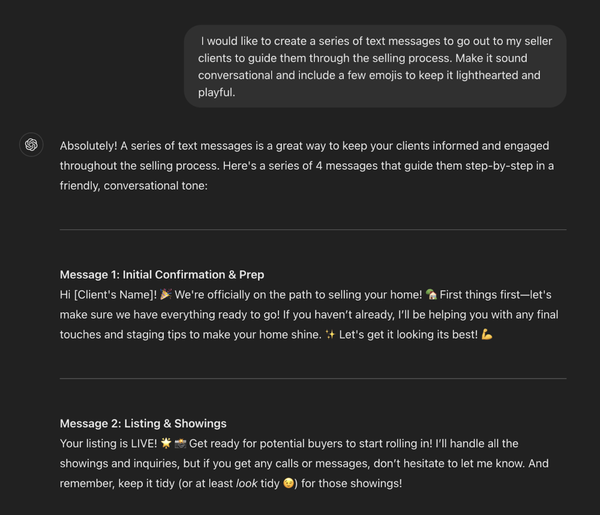 A ChatGPT screenshot of text messages agent's can use.