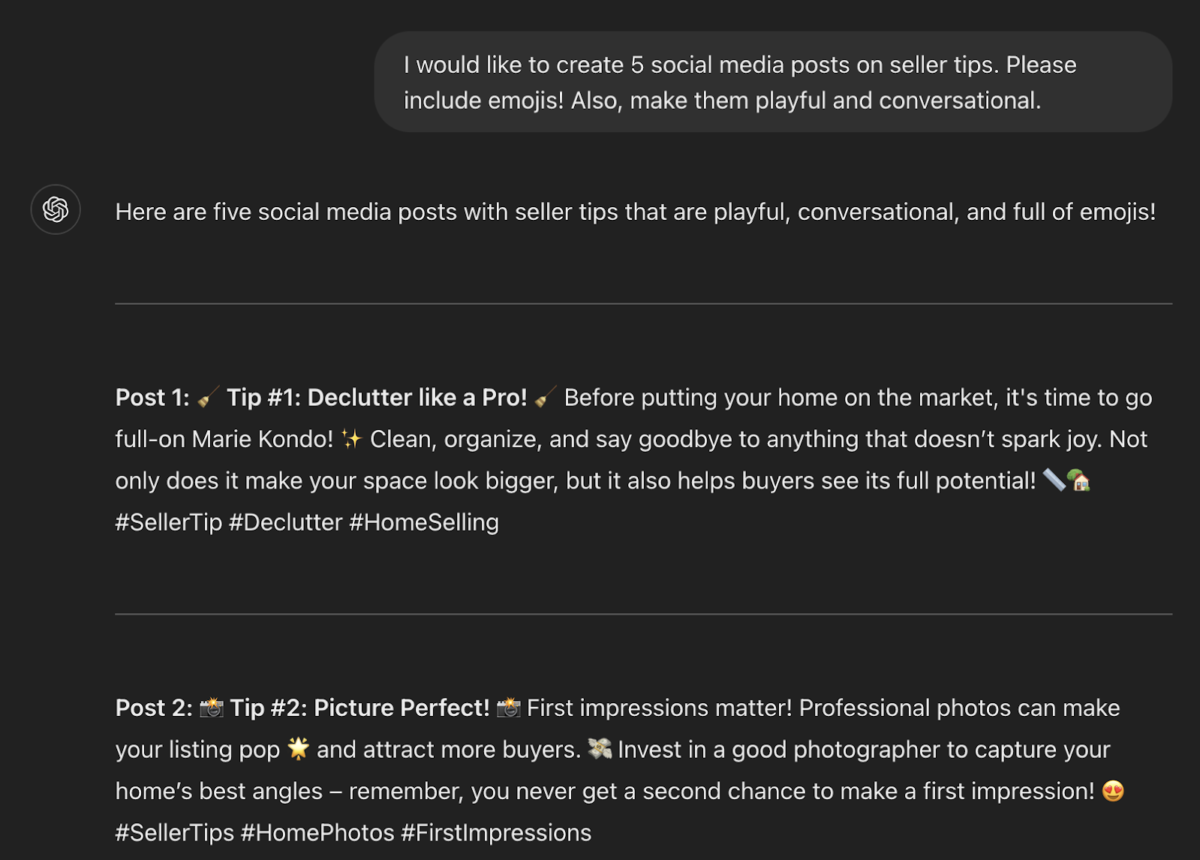 AChatGPT session showing homeseller tips.