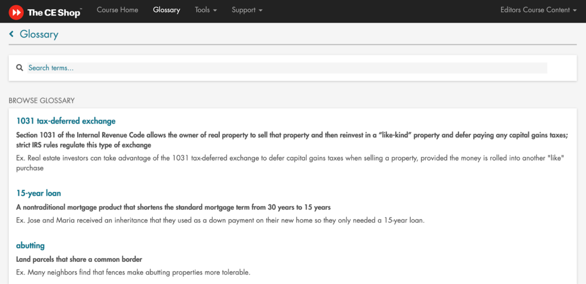 The CE Shop's real estate glossary on the LEAP online learning platform