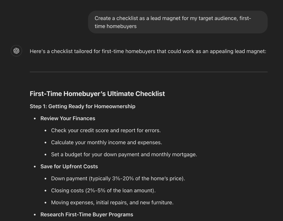 A ChatGPT example of a first-time homebuyer's checklist.