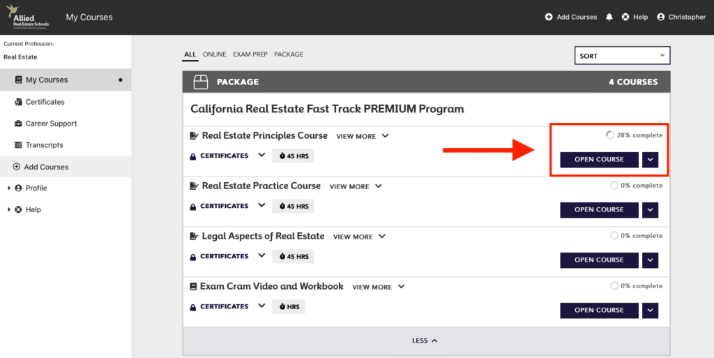 Screenshot of Allied Real Estate Schools courses