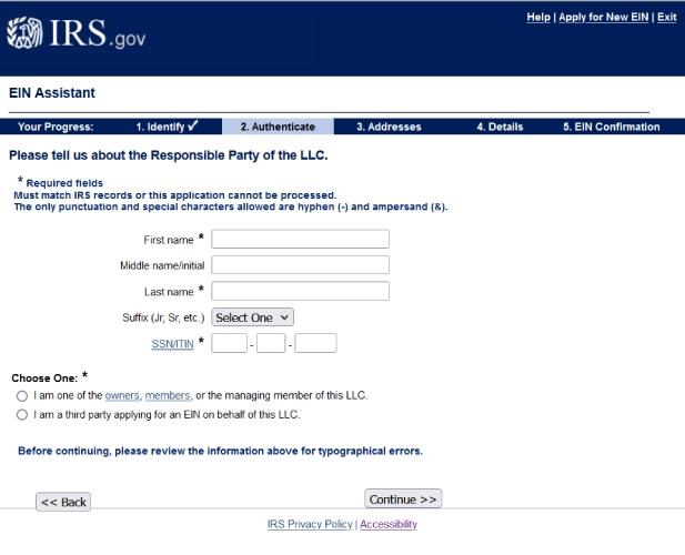 Screenshot of IRS online application for an EIN