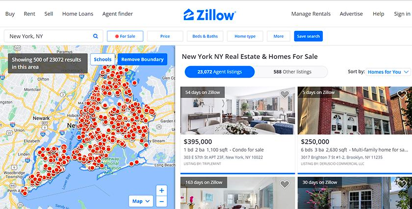 Screenshot of Zillow Agent listings in New York