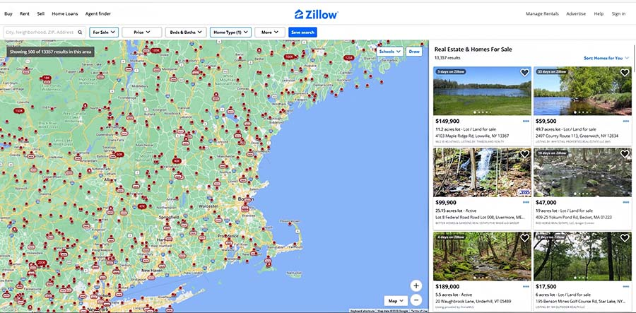 Screenshot of Zillow land map and listings