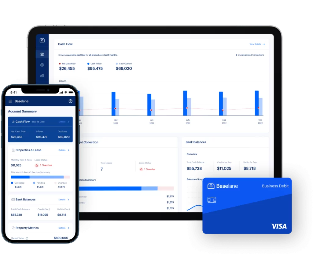 A tablet, phone and debit card with the tablet and phone showing account summary and cash flow examples.