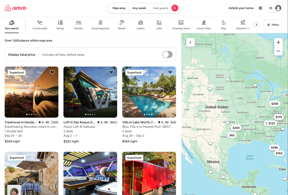 Airbnb listings across the United States with pictures of each listing and nightly rates.