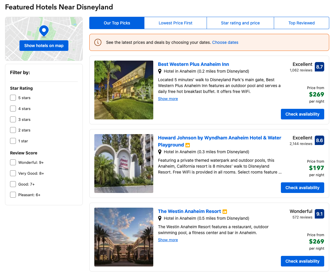 Featured vacation rental listings on Booking.com near Disneyland with rental rates and additional details.