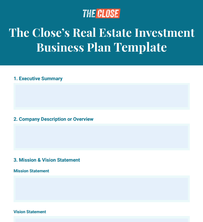 Screenshot of The Close's real estate investment business plan template.