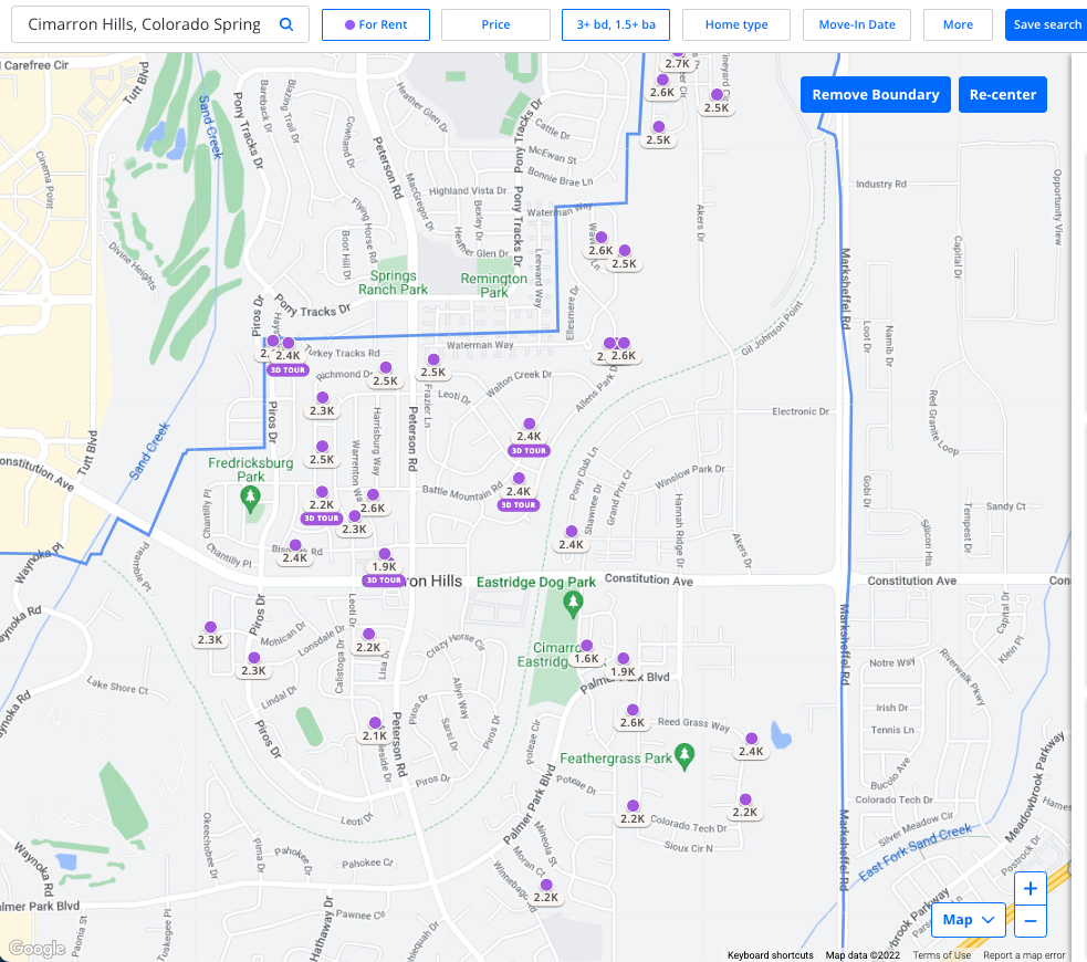 Screenshot of Zillow rental property search map