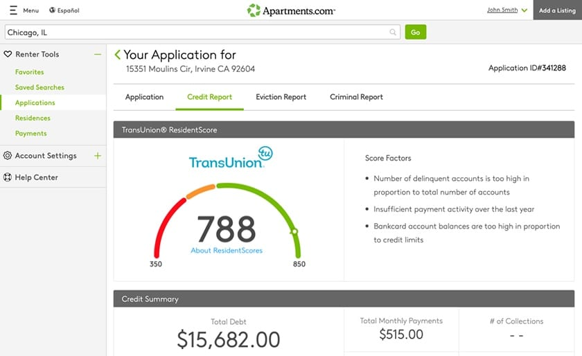 An example of a tenant application showing credit report details.