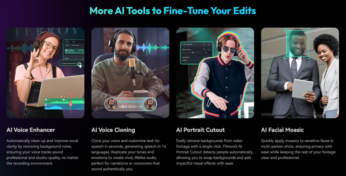 Some of Wondershare Filmora’s AI editing tools