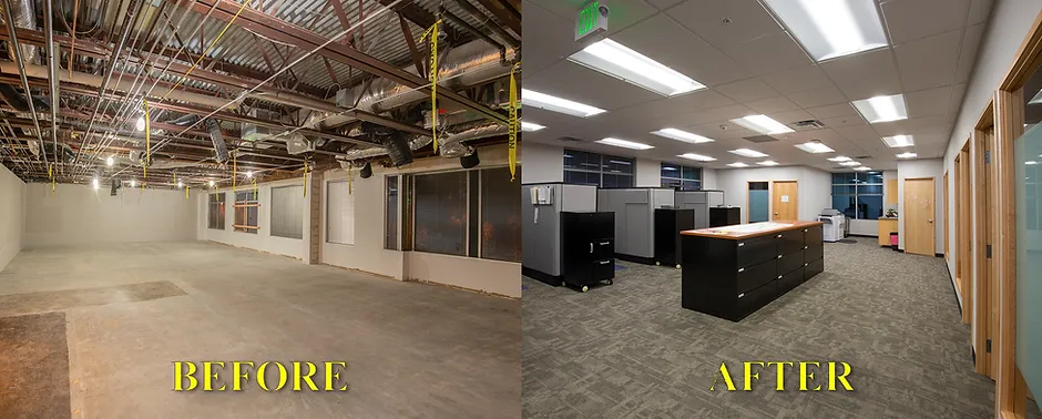 A before and after side by side comparison of an empty office space and a renovated office space.