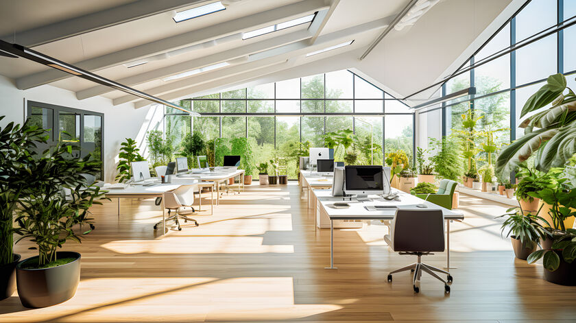 An open office space with large windows and plants.