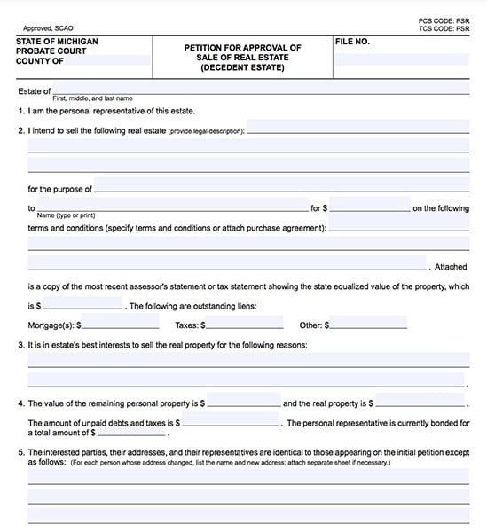 Example of a Petition for Approval of Sale of Real Estate form