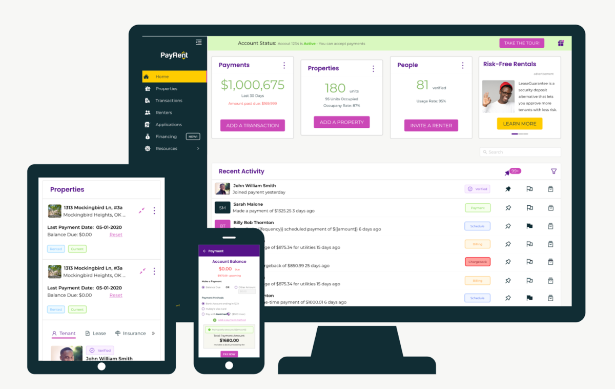 Screenshot of PayRent dashboard showing tenant payments and activity.