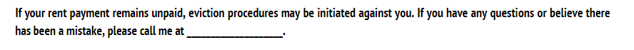 Excerpt of late rent notice payment template about consequences of not paying rent.