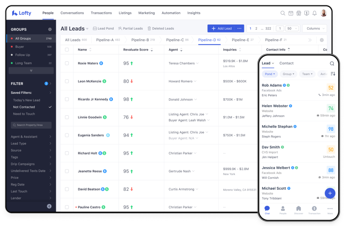 The Lofty leads dashboard with contact information.