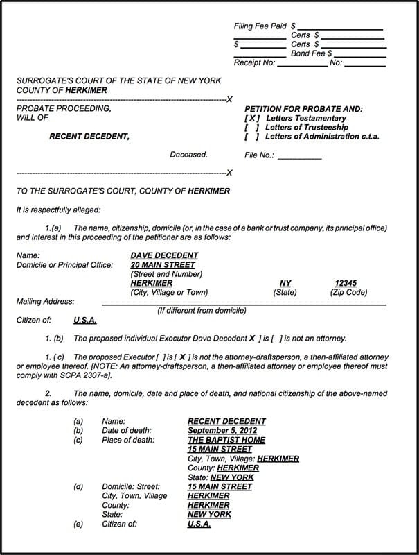 Example of a probate petition document