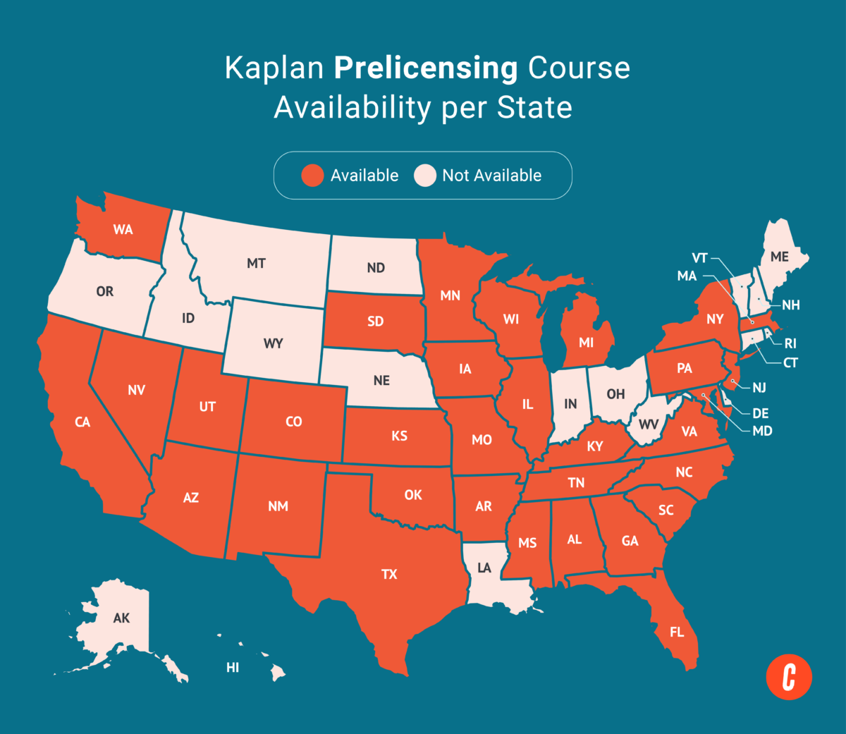 A U.S. map with states where Kaplan's available prelicensing courses are shaded