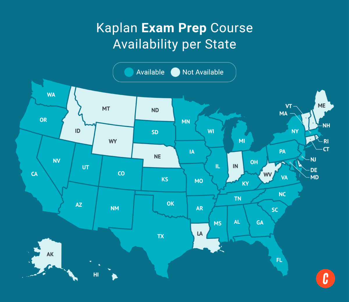 A U.S. map with states where Kaplan's available exam prep courses are shaded