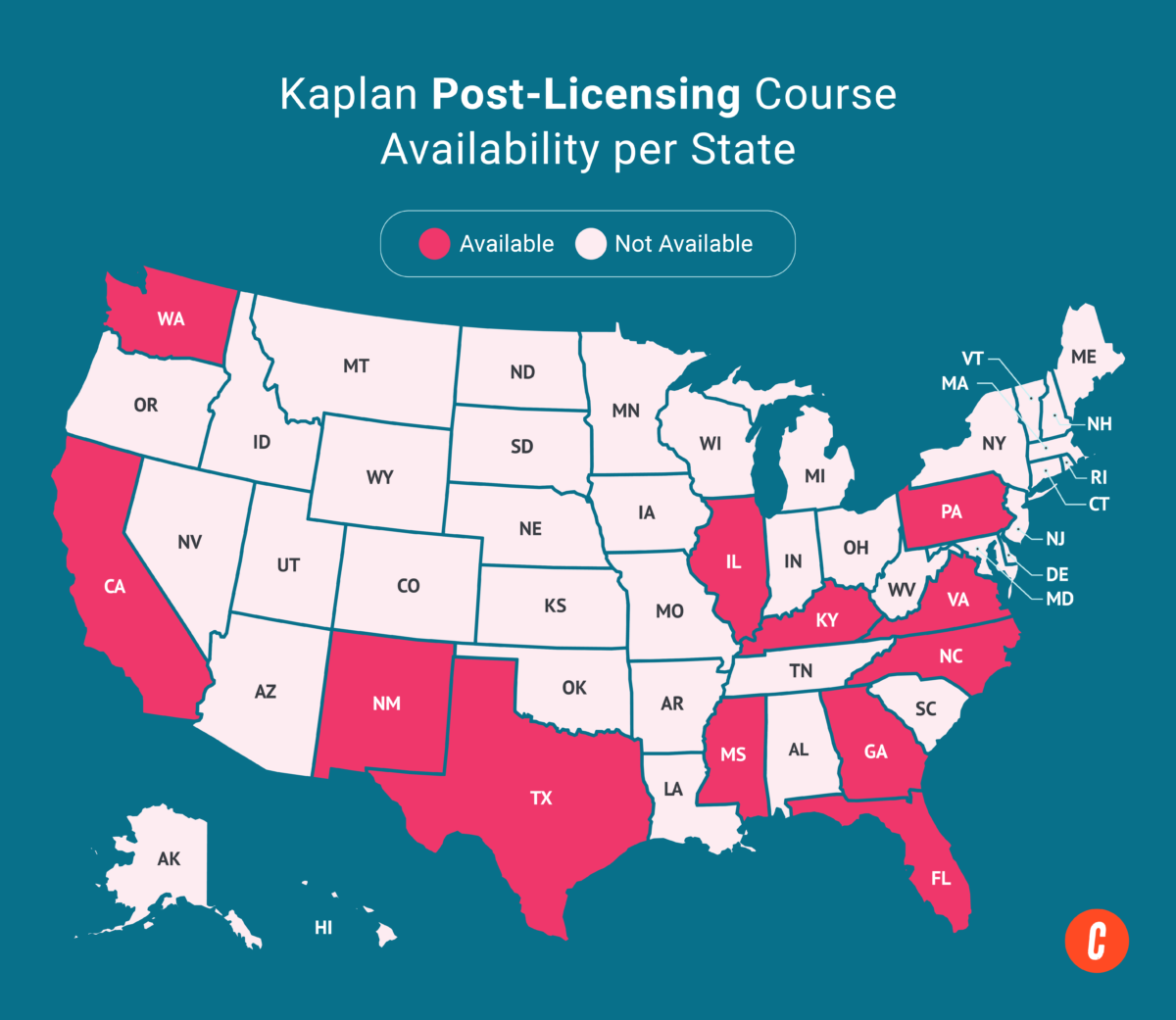 A U.S. map with states where Kaplan's available post-licensing courses are shaded