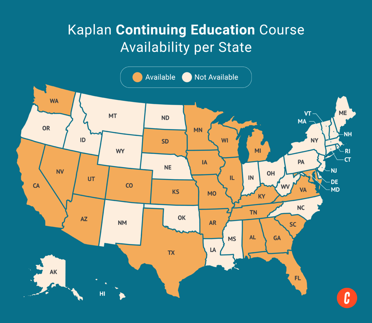 A U.S. map with states where Kaplan's available continuing education courses are shaded