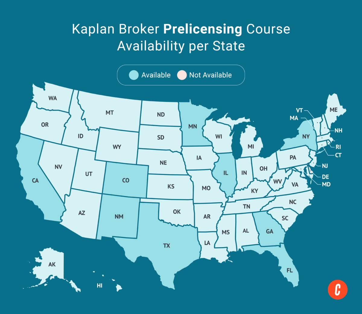 A U.S. map with states where Kaplan's available broker prelicensing courses are shaded