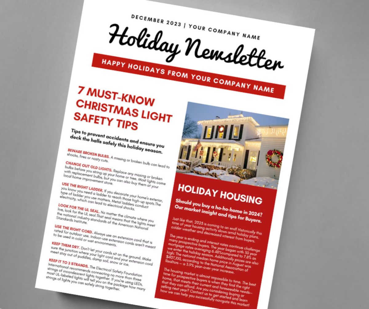 Example of a seasonal real estate newsletter with homeowner and buyer advice