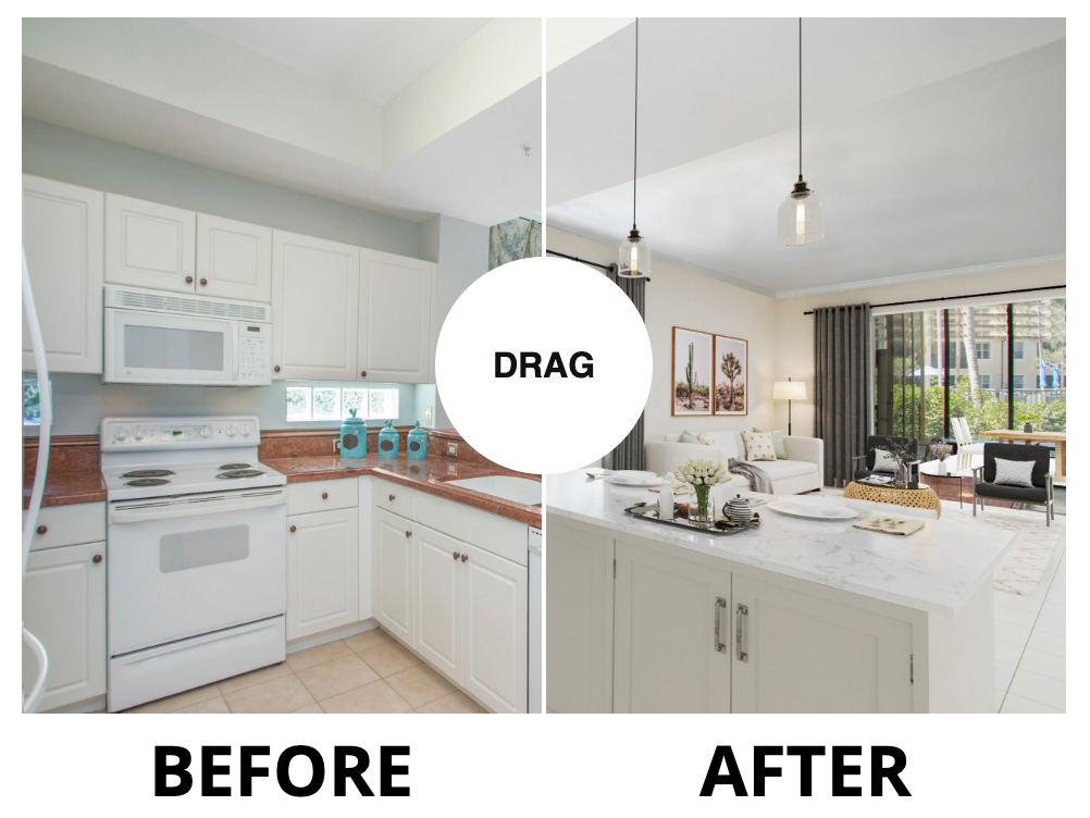 Side by side comparison of a kitchen before and after renovation and virtual staging.