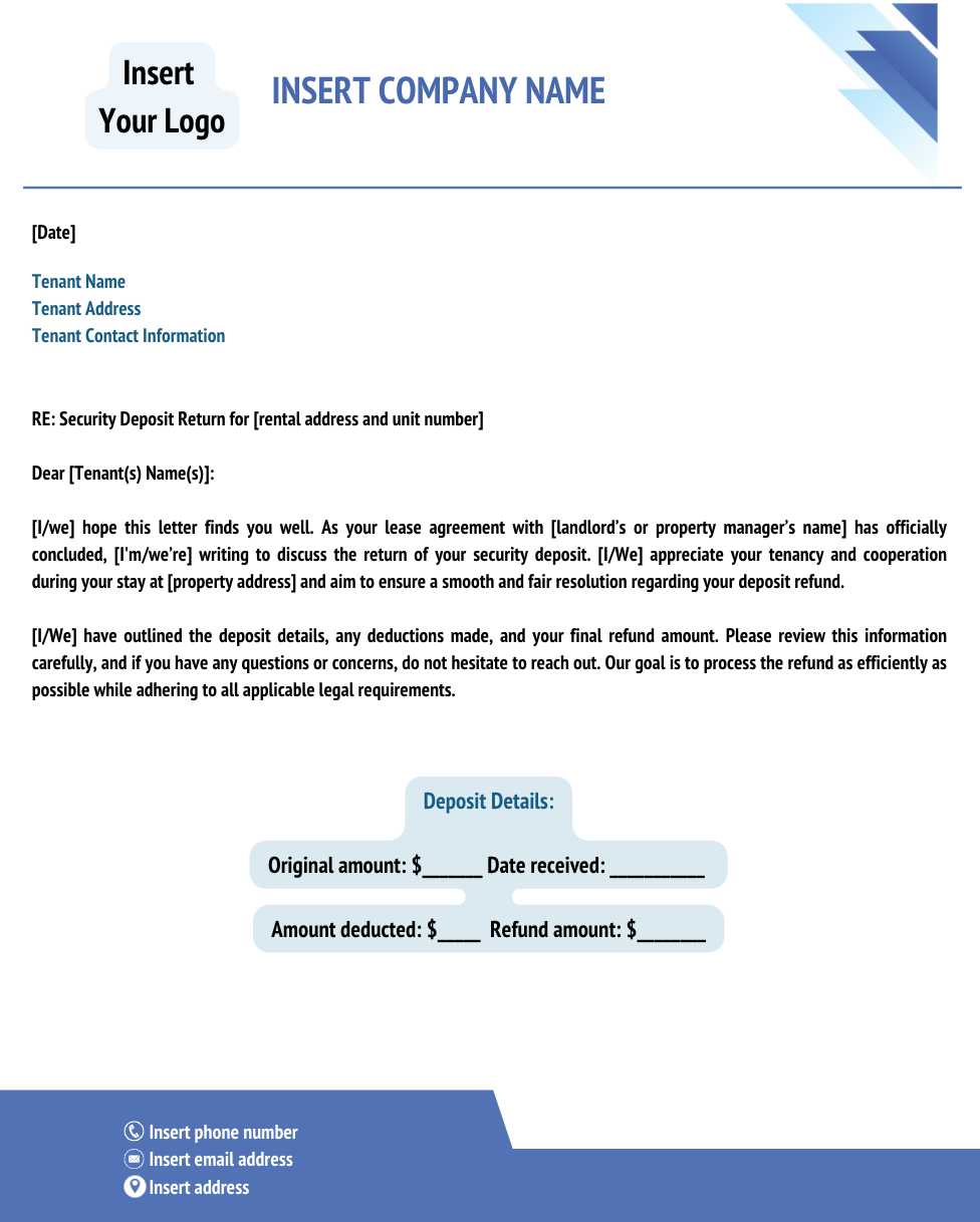 Screenshot of security deposit return letter template