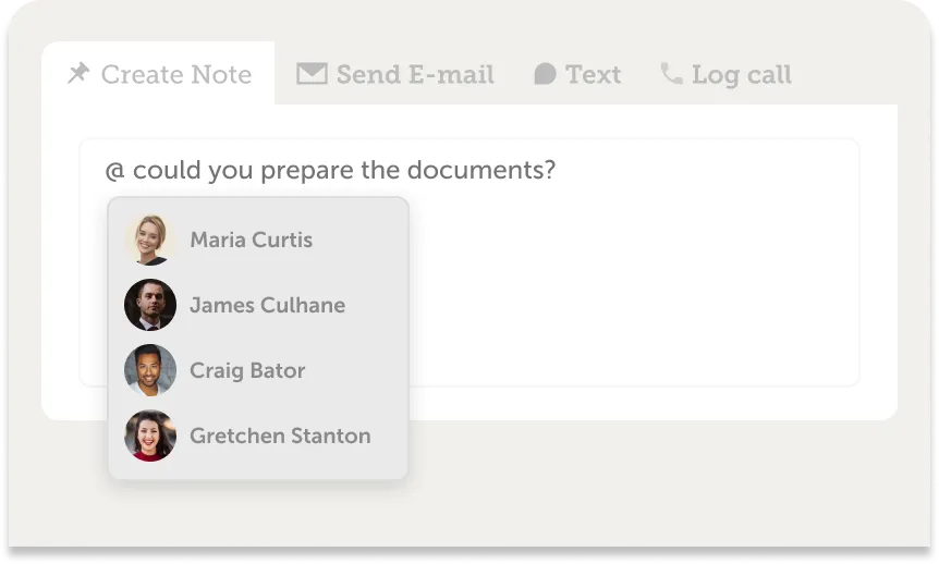 The note feature with team member options to choose from to assign the note to.