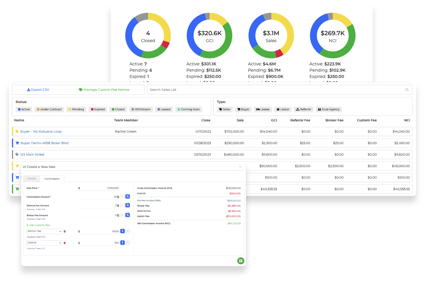 Screenshots of the transaction management dashboards showing deal and financial information.