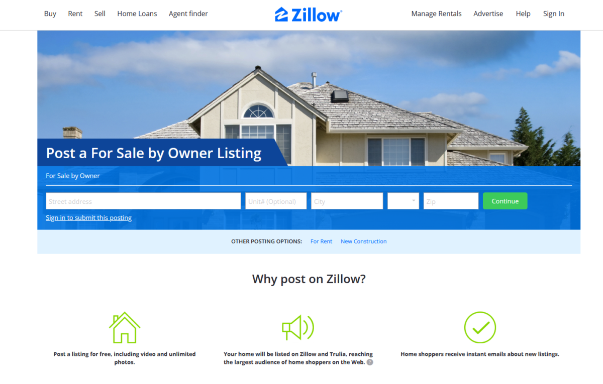 Screenshot of Zillow website where users can post an FSBO listing