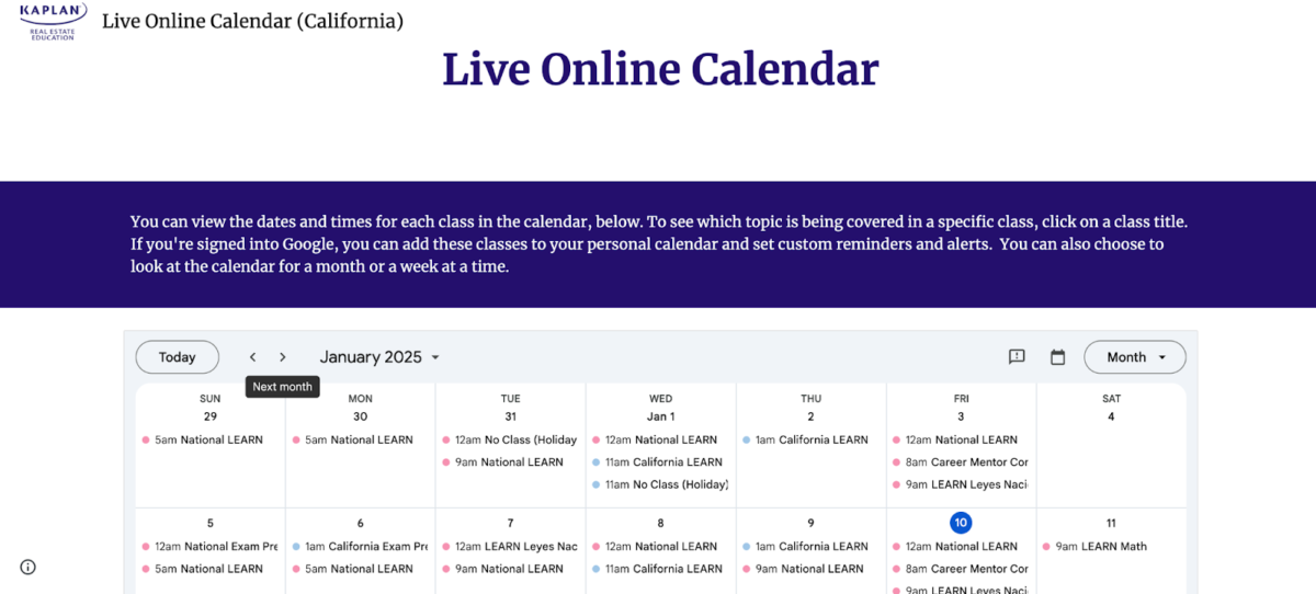 Screenshot of Kaplan's Live Online Calendar with class and webinar schedules