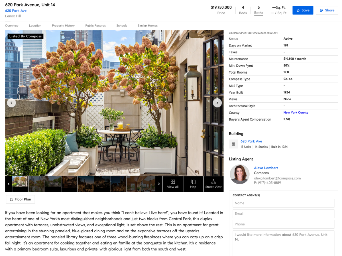 A real estate listing with property description on Compass