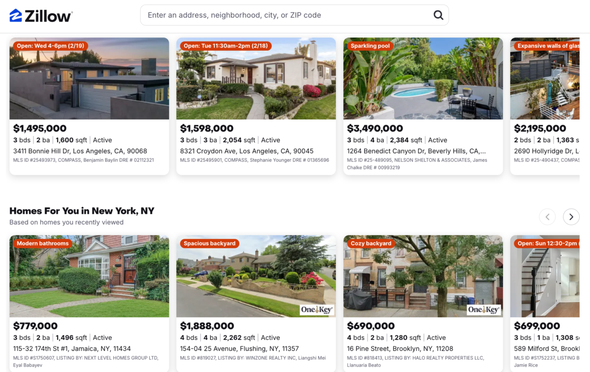 Screenshot of Zillow listings