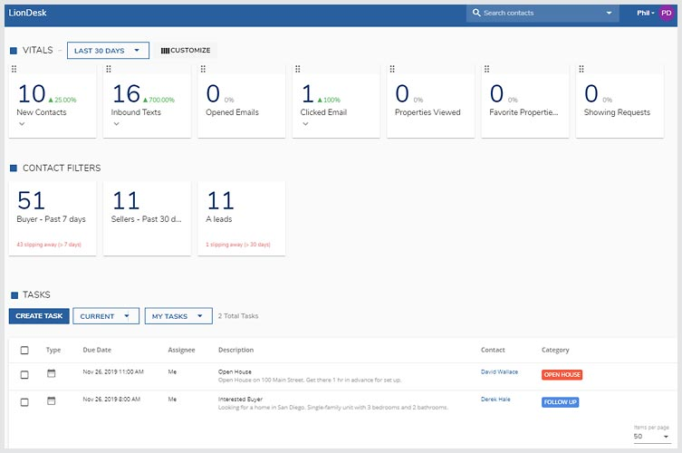 Screenshot of LionDesk CRM interface