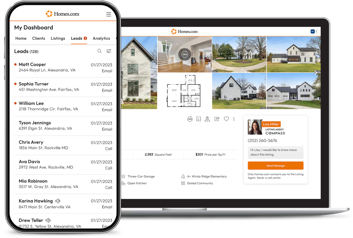Homes.com interface on web and mobile showing leads for an agent Homes.com interface on web and mobile showing leads for an agent