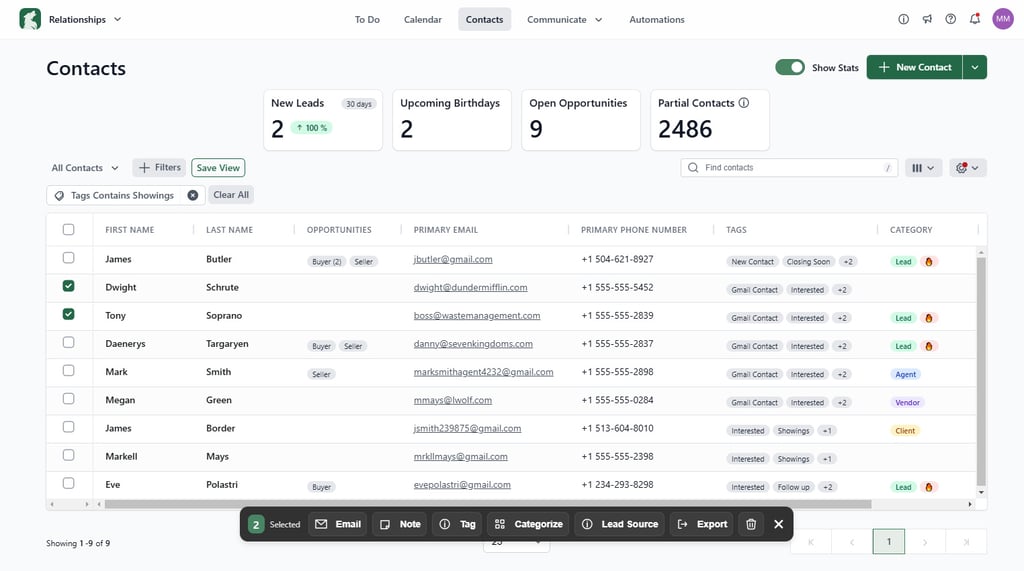 Lone Wolf Relationships contacts dashboard.