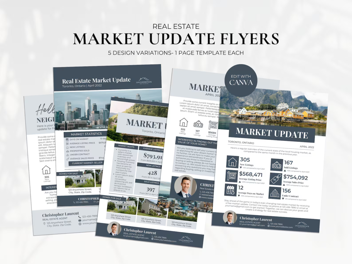 Market update flyer templates with five design variations Market update flyer templates with five design variations