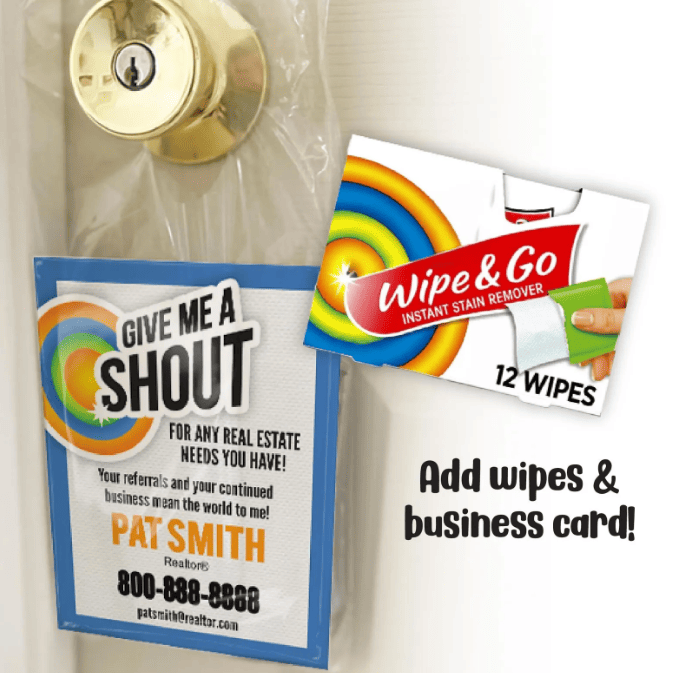 Tag for Shout wipes says "Give me a SHOUT" with agent's message of appreciation and contact info.