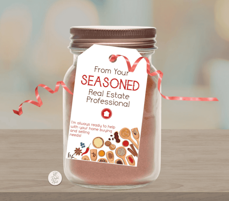 Tag on spice jar reads "From your SEASONED real estate professional," with a message about buying/selling help.