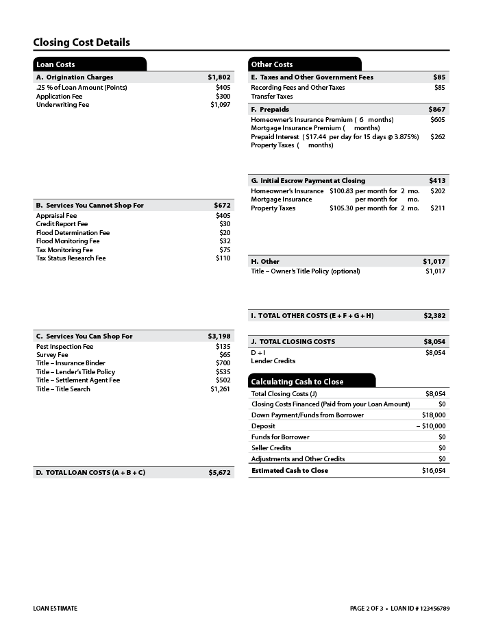 Closing cost breakdown on a sample loan estimate showing loan costs, other costs, and more.