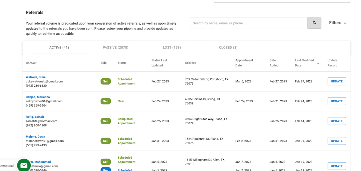 Screenshot of SOLD.com agent’s referral data.