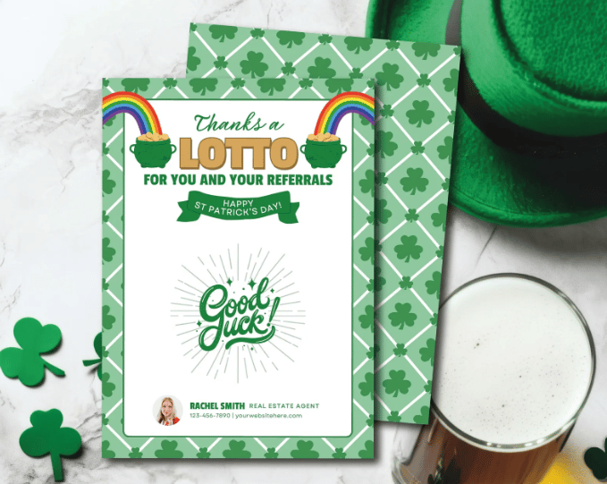 Tag with rainbows and shamrocks, with the message "Thanks a LOTTO for you and your referrals" and agent info.