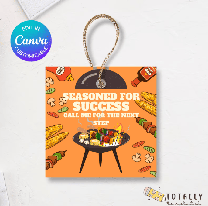 BBQ-themed tag says "Seasoned for success, call me for the next step" with grill, veggies, and sauces on orange background.