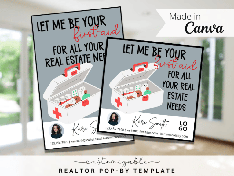 Tag with first aid kit says "Let me be your first aid for all your real estate needs" with agent info.