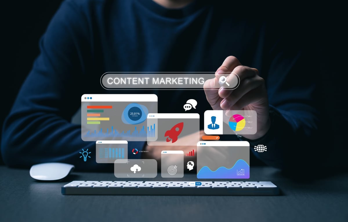 The words "content marketing" written on a search engine.